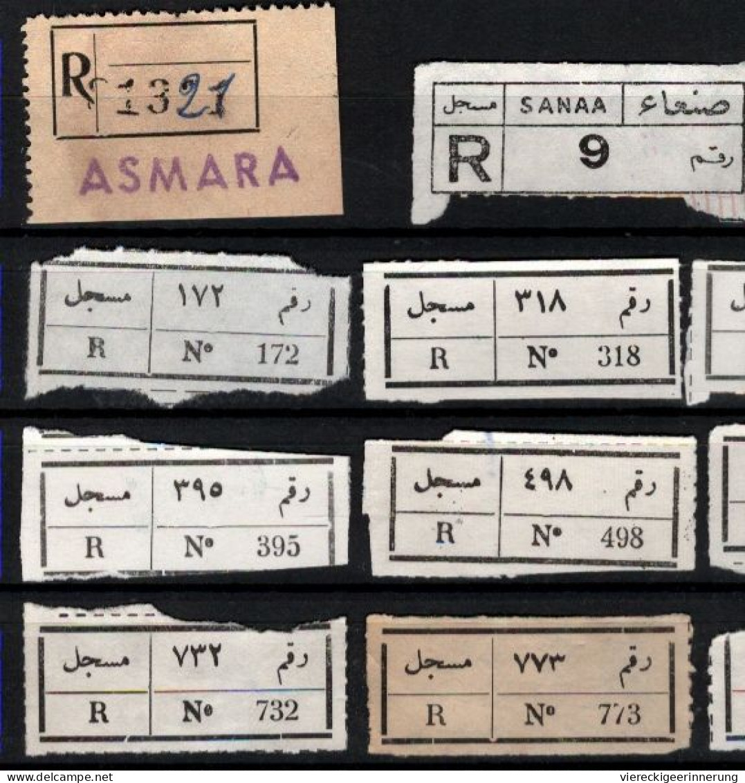 ! 1 Steckkarte Mit 14 R-Zetteln Aus Jemen, Yemen ?, Asmara, Sanaa, Einschreibzettel, Reco Label - Yémen