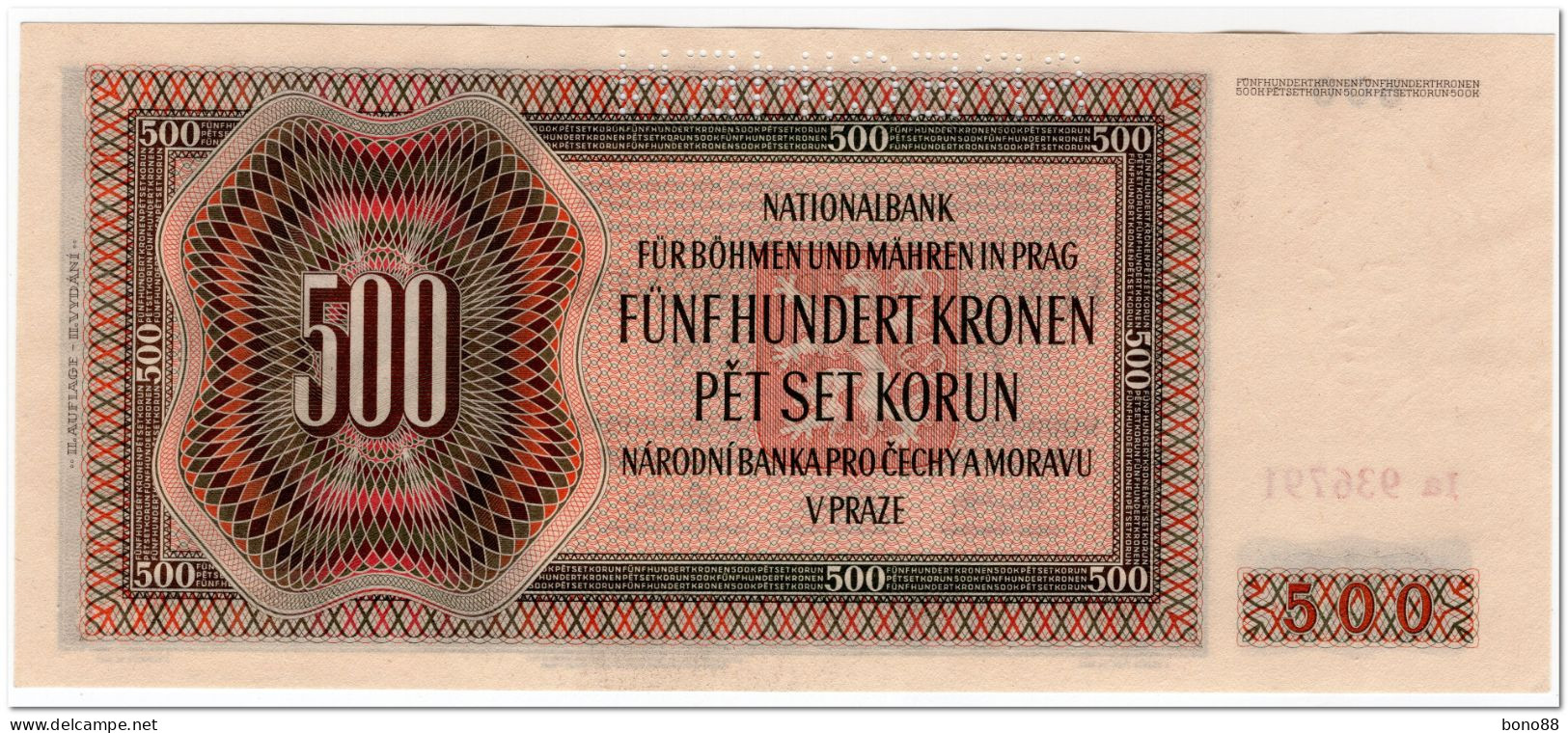 BOHEMIA AND MORAVIA,500 KORUN,1942,P.11s,SPECIMEN,PERFORATED,AU-UNC - Checoslovaquia