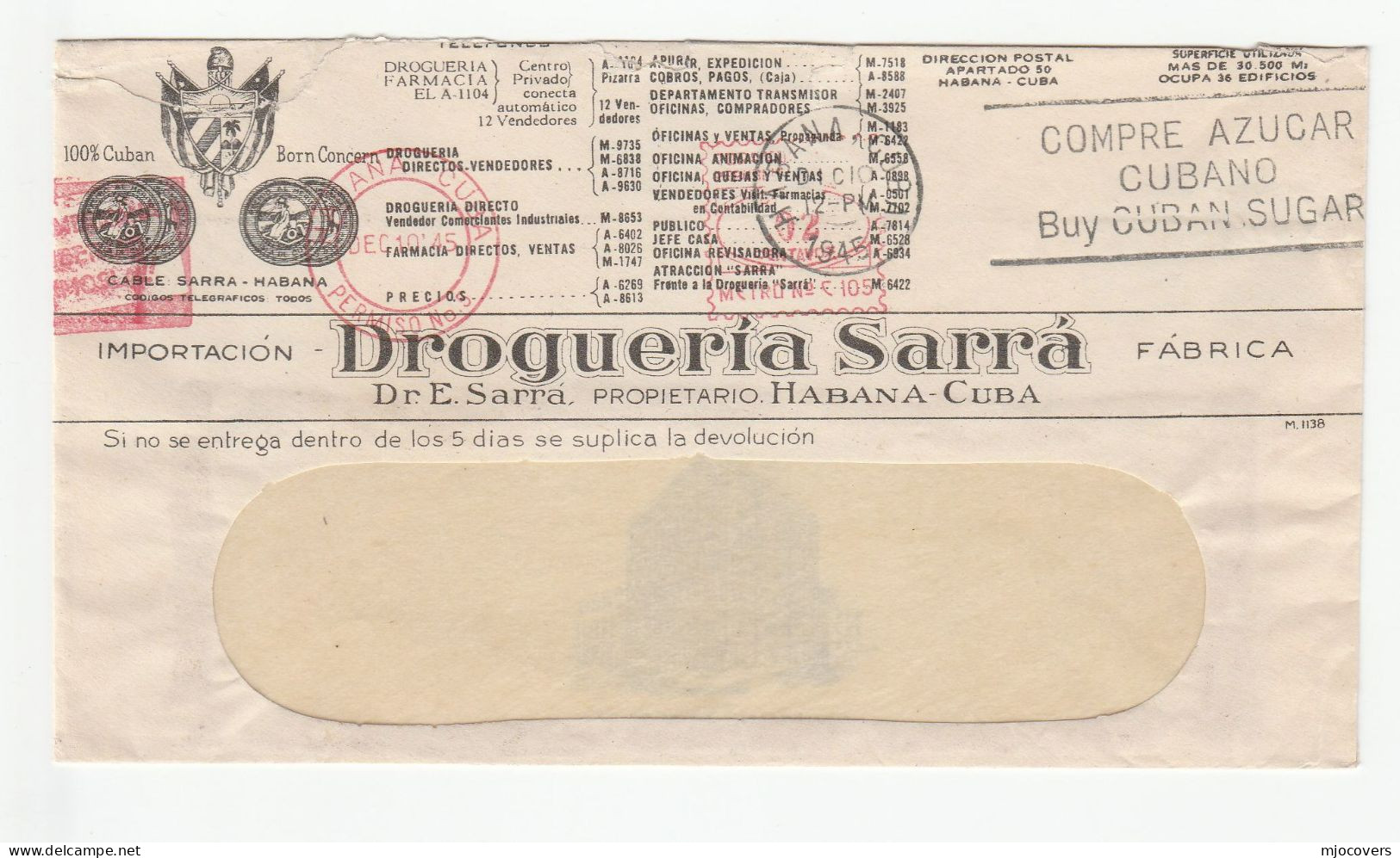 HEALTH - 1945 CUBA PHARMACY Multi ADVERT Cover DROGUERIA SARRA Meter Stamps Medicine Architecture Factories Cars - Farmacia