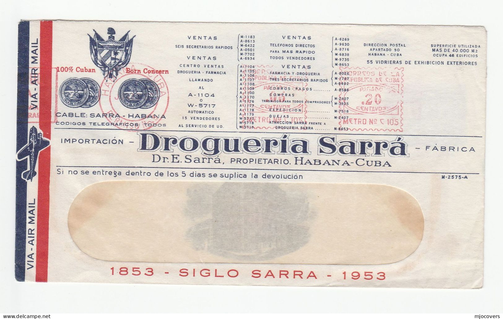 Many ADVERTS On 1953 CUBA PHARMACY Cover DROGUERIA SARRA  ANNIV Meter Stamps Health Medicine Architecture Factories Cars - Storia Postale