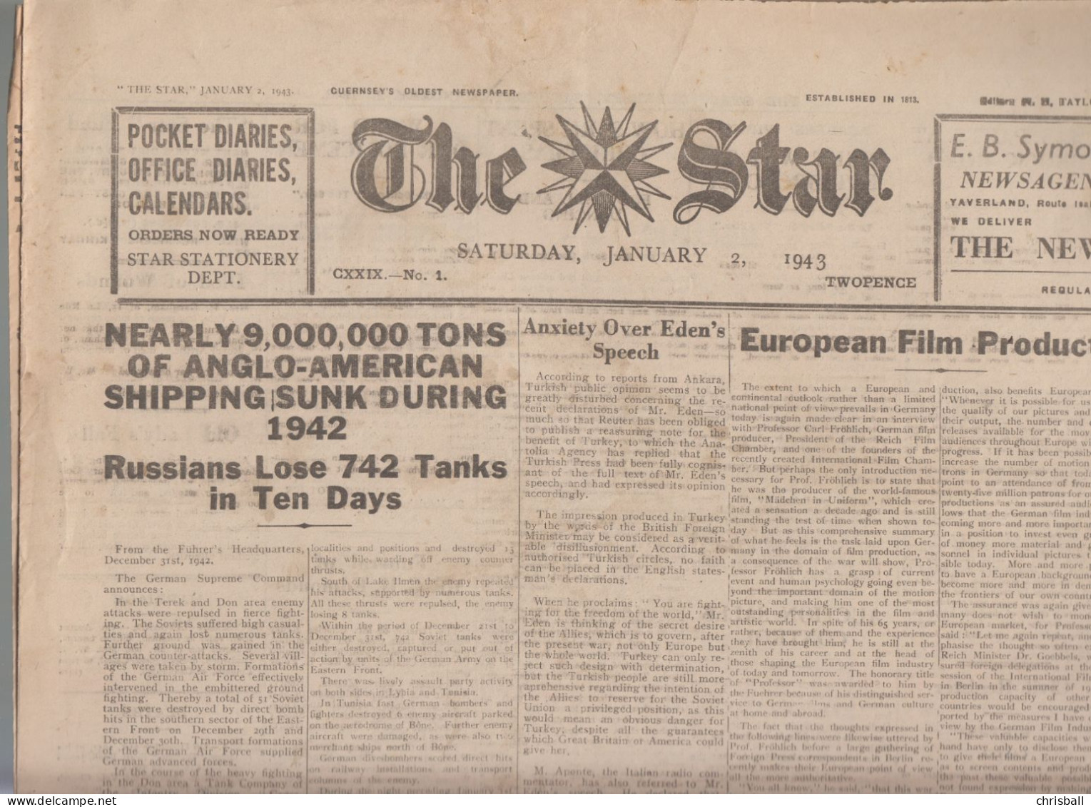 Guernsey Newspaper January 2, 1943 (Original) - The Star - Guerre 1939-45