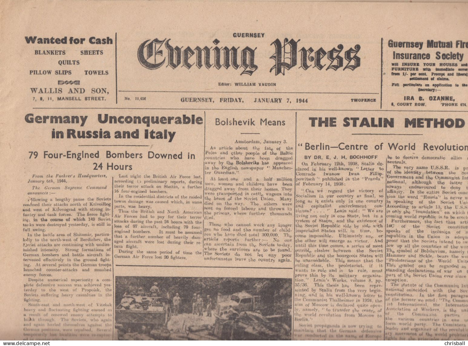 Guernsey Newspaper January 7, 1944 (Original) - Evening Press - Guerre 1939-45