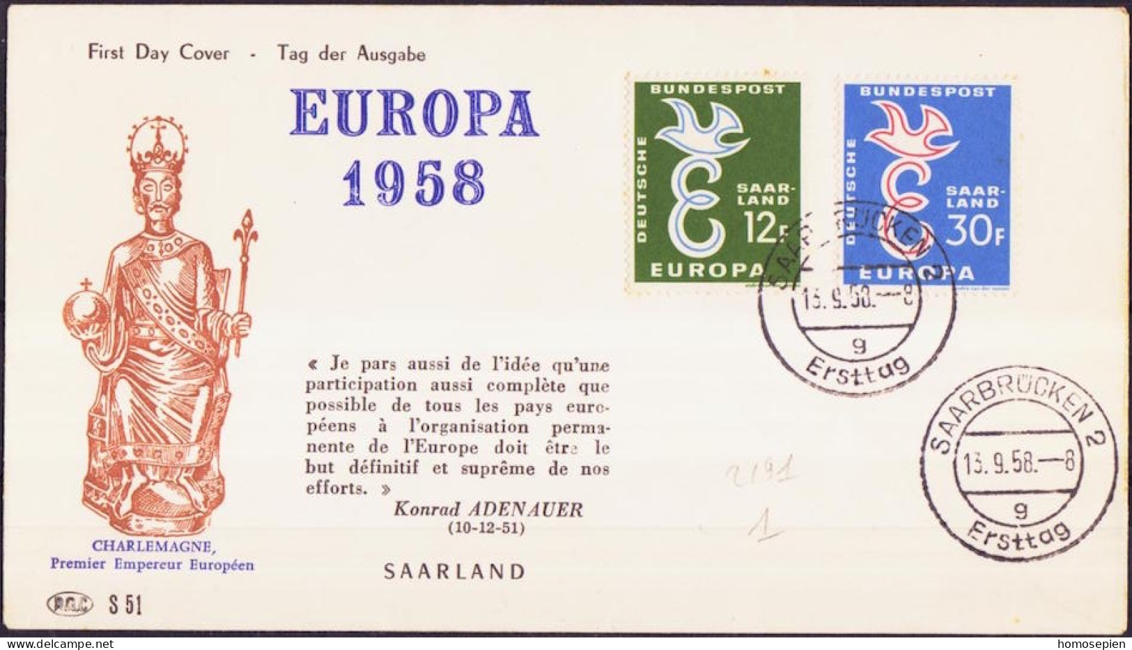 Europa CEPT 1958 Sarre - Saarland FDC8 Y&T N°421 à 422 - Michel N°439 à 440 - 1958