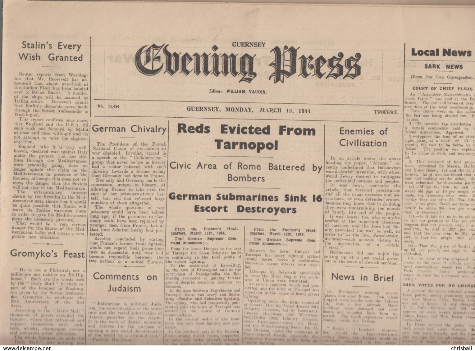 Guernsey Newspaper March 13, 1944 (Original) - Evening Press - Weltkrieg 1939-45