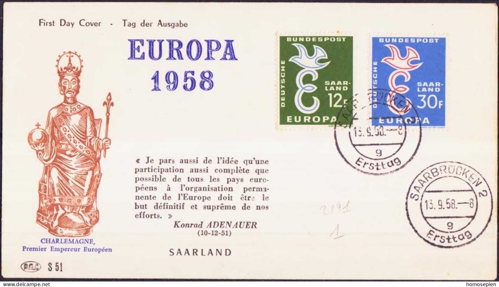 Sarre - Saarland FDC8 1958 Y&T N°421 à 422 - Michel N°439 à 440 - EUROPA - FDC