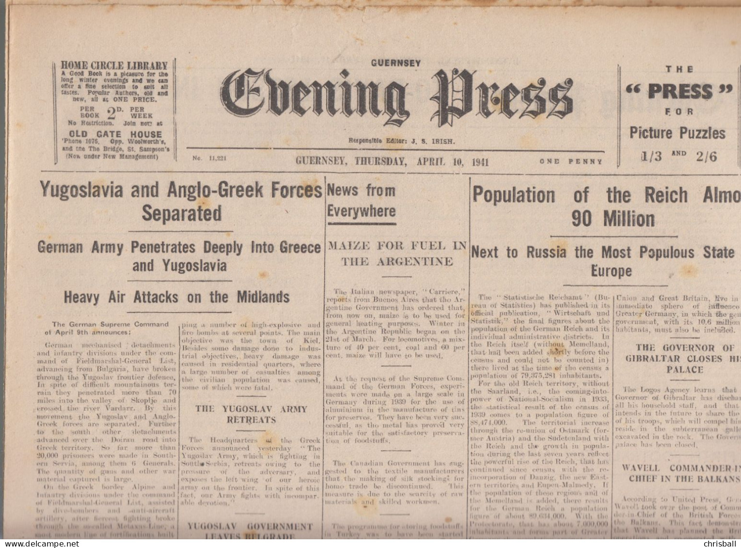 Guernsey Newspaper April 10, 1941 (Original) - Evening Press - Weltkrieg 1939-45