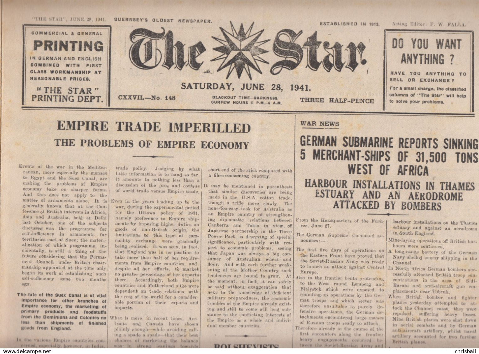 Guernsey Newspaper June 6th, 1941 (Original) - Evening Press - Guerre 1939-45