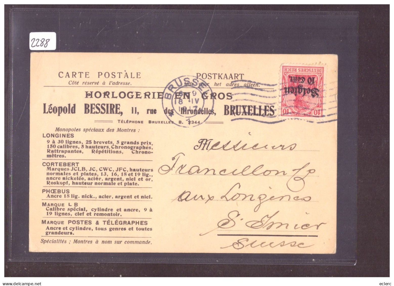 BELGIQUE ALLEMANDE - CARTE HORLOGERIE LEOPOLD BESSIRE, BRUXELLES  - ( WARNING: NO PAYPAL ) - OC38/54 Occupazione Belga In Germania