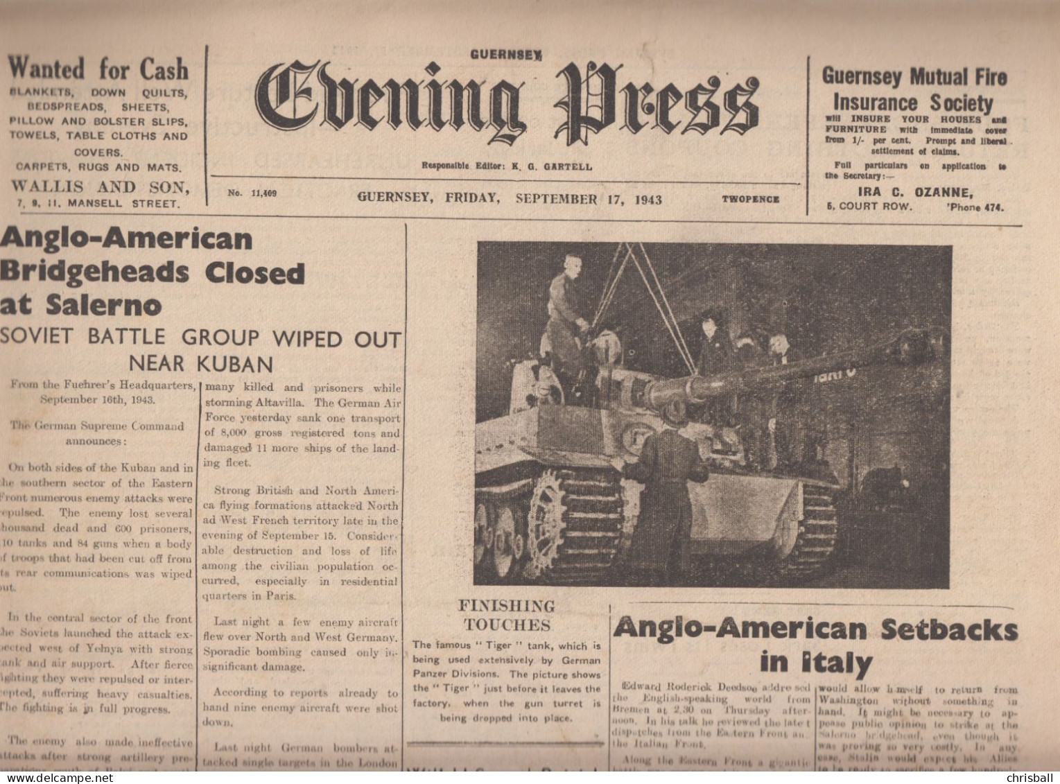 Guernsey Newspaper September 17th, 1943 (Original) - Evening Press - Guerra 1939-45