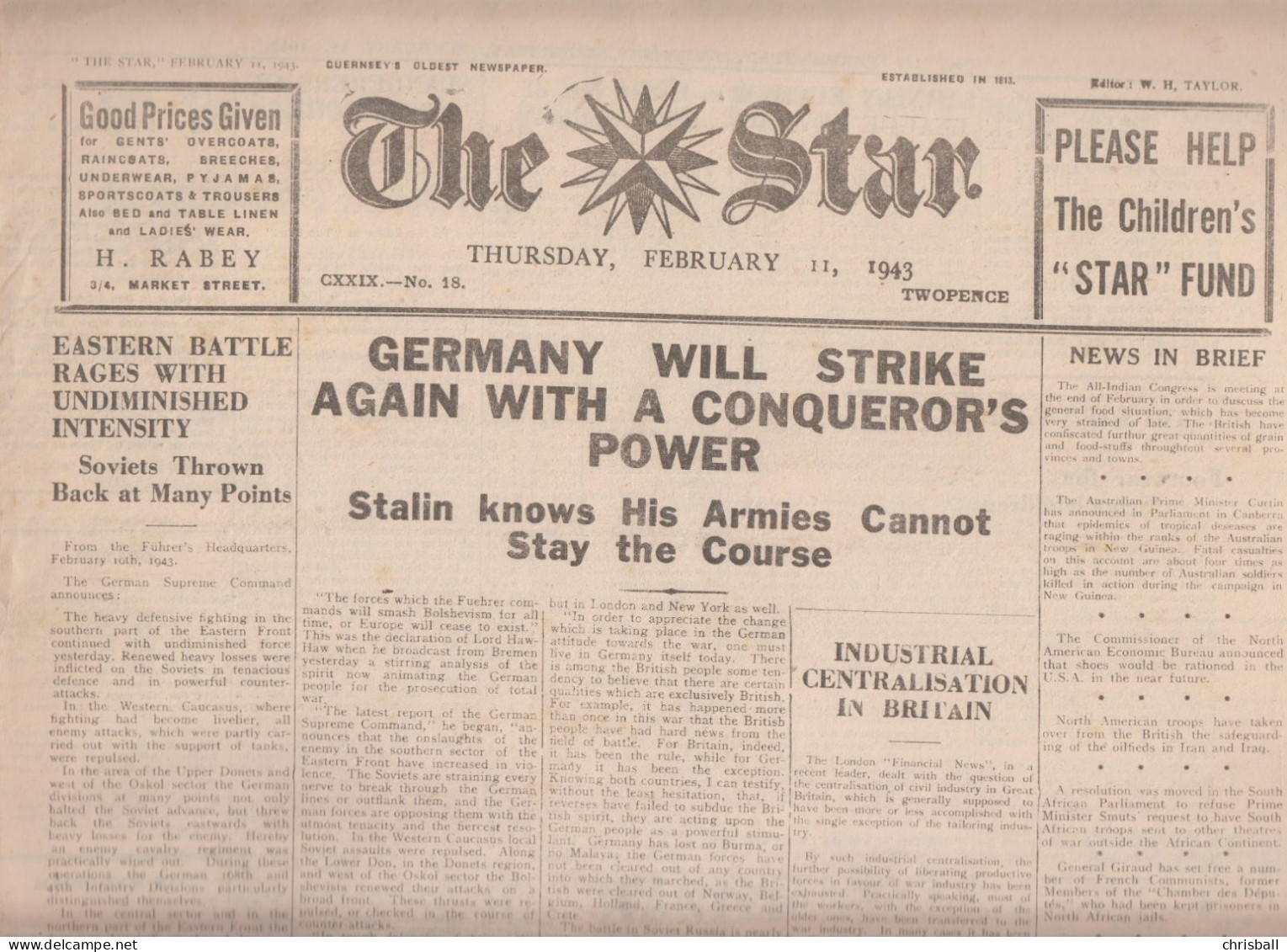 Guernsey Newspaper February 11th, 1943 (Original) - The Star - Guerre 1939-45