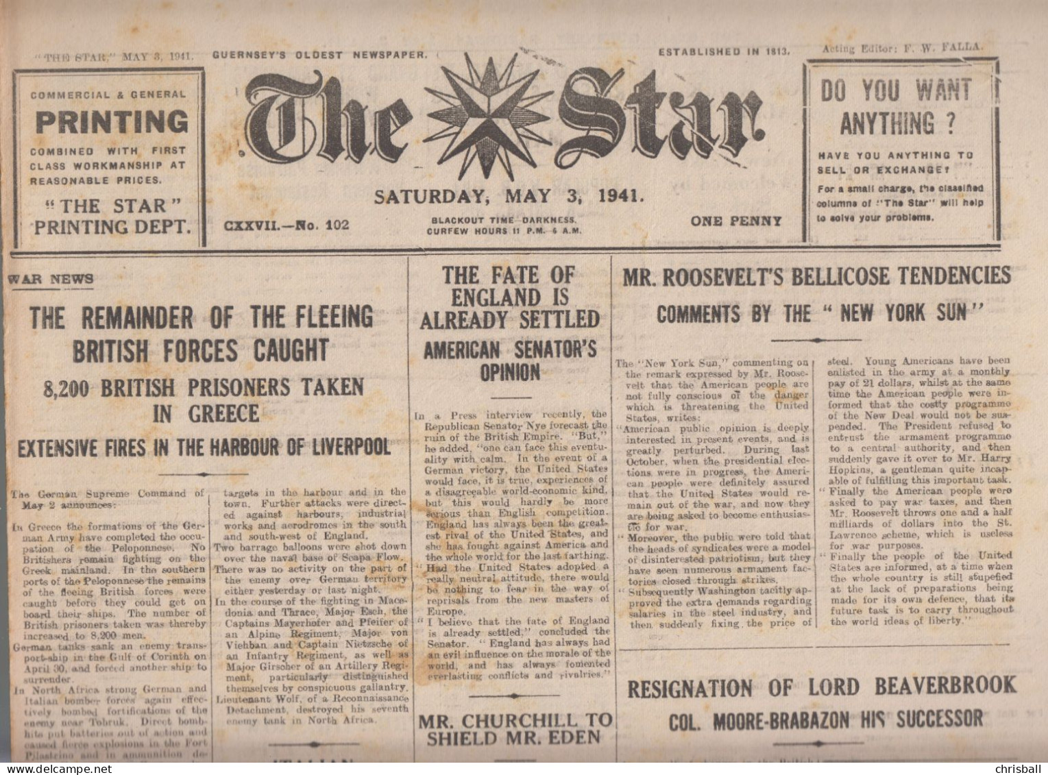 Guernsey Newspaper May 3rd, 1941 (Original) - The Star - Guerre 1939-45