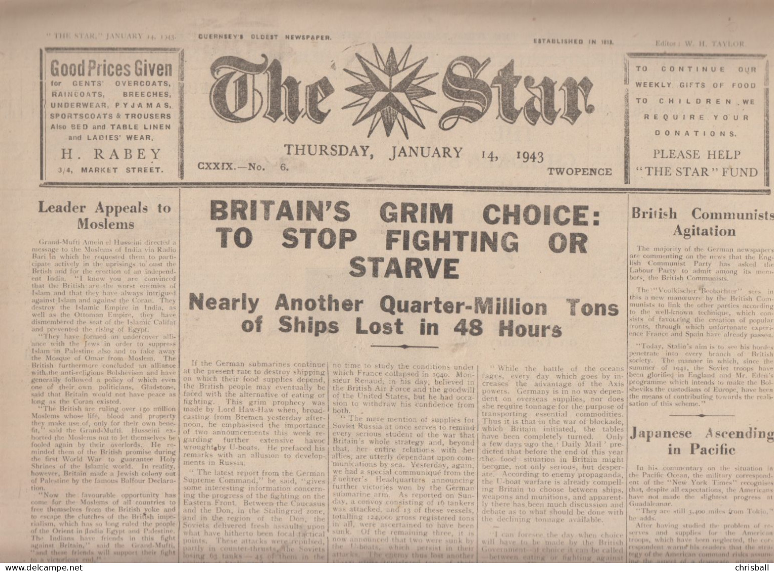 Guernsey Newspaper January 14th, 1943 (Original) - The Star - Guerre 1939-45