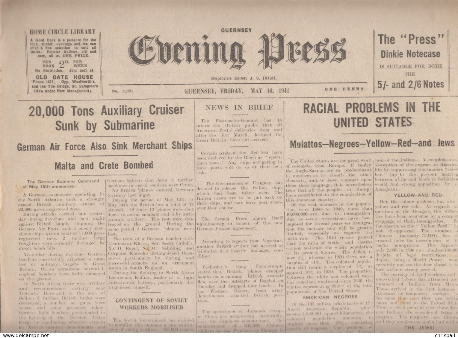 Guernsey Newspaper May 16th, 1941 (Original) - Evening Press - Guerre 1939-45