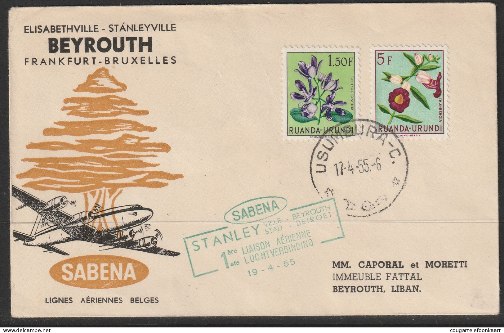 1955, Sabena, First Flight Cover, Stanley-Beyrouth - Covers & Documents