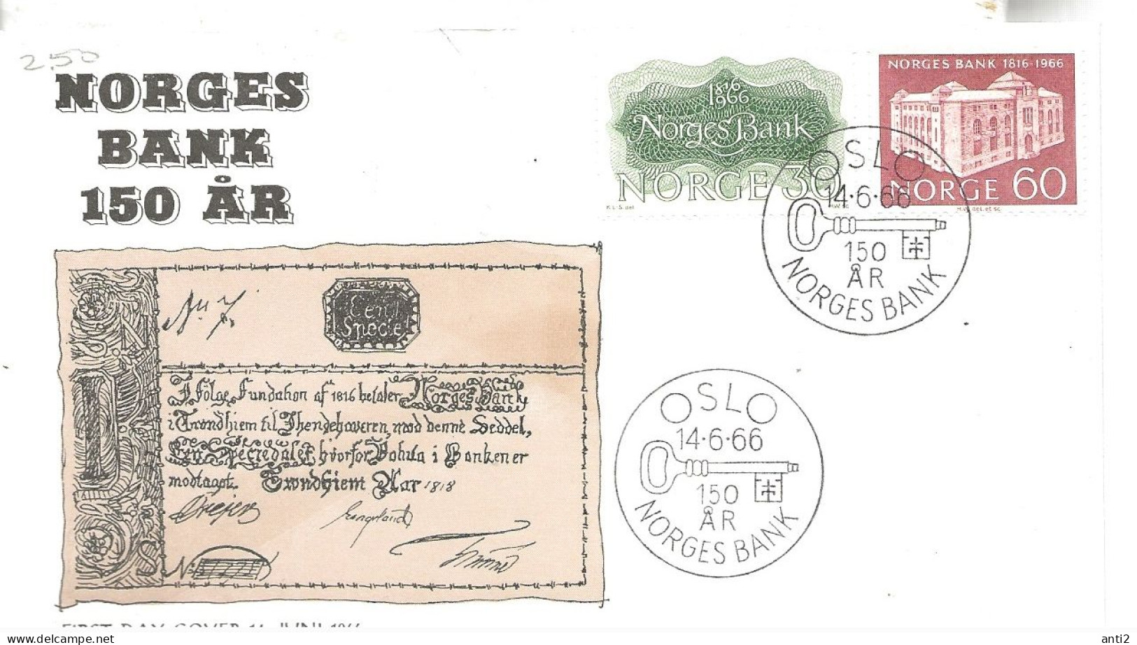 Norway 1966  150th Anniversary Of The Bank Of Norway. Mi 543-544   FDC Cancelled  14.6.66 - Storia Postale