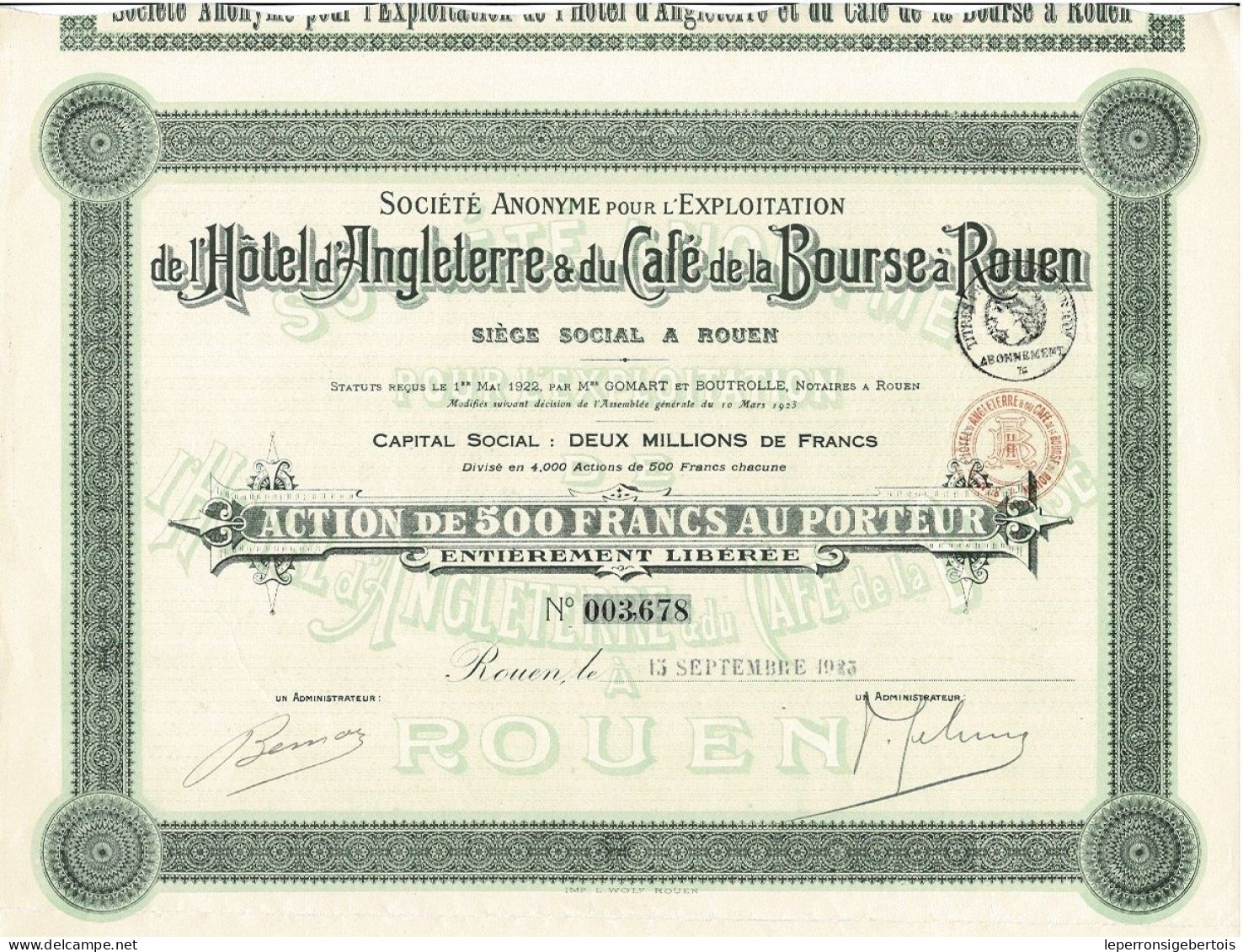 - Titre De 1923 - Sté Anonyme Pour L'Exploitation De L'Hôtel D'Angleterre & Du Café De La Bourse à Rouen - - Tourisme