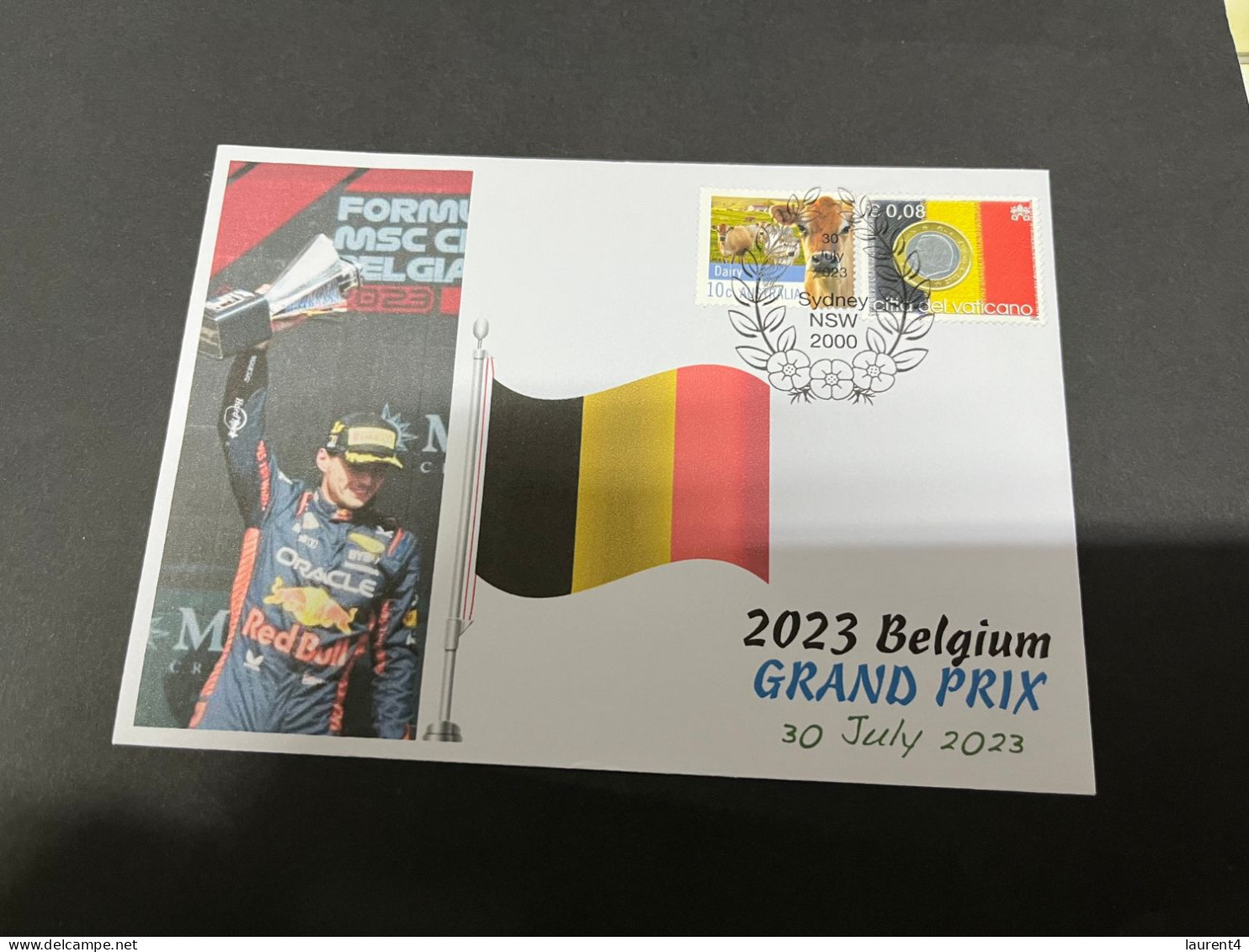 3-8-2023 (1 T 22) Formula One - 2023 Belgium Grand Prix - Winner Max Verstappen (30 July 2023) Belgium Flag Stamp - Autres & Non Classés