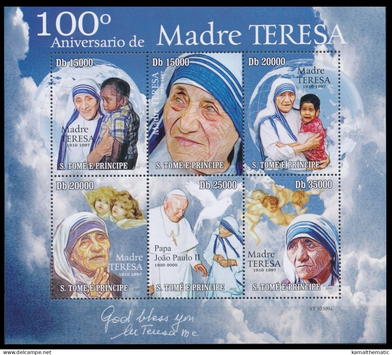 Sao Tome 2010 MNH SS, Pope, 100th Anniversary Of Mother Teresa, Nobel Peace - Moeder Teresa