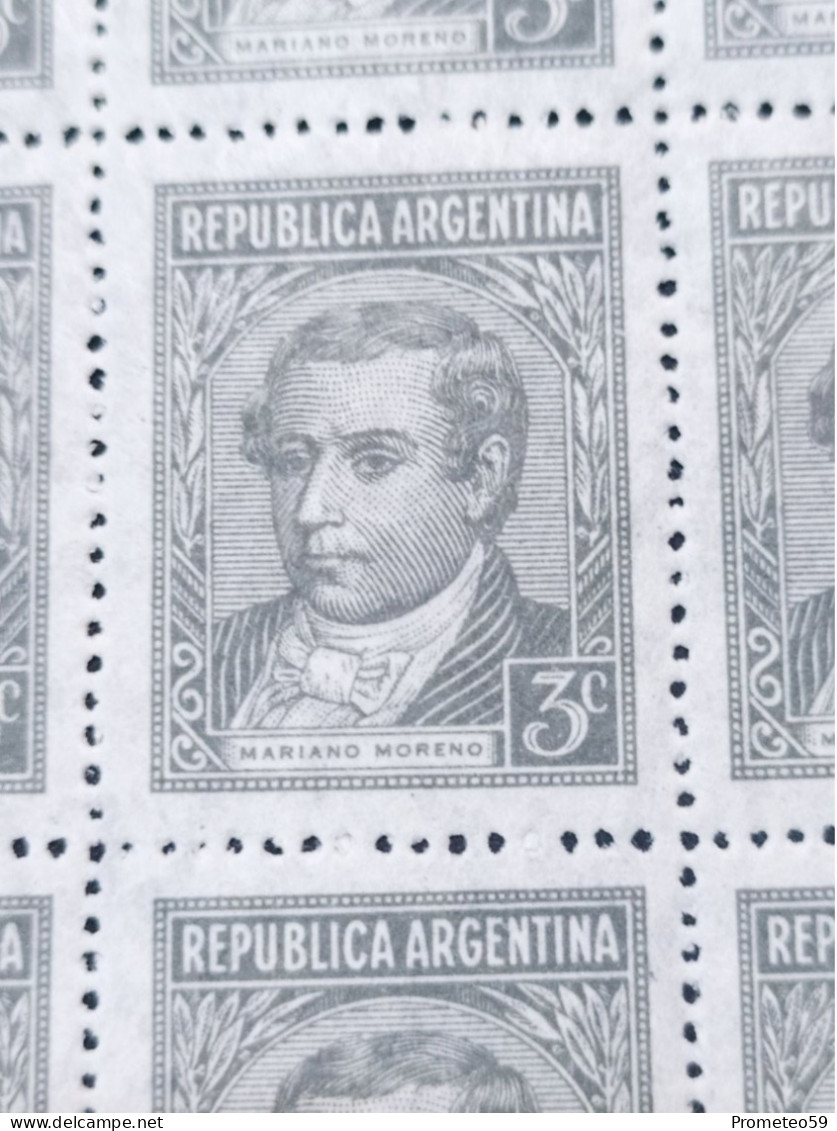 Fragmento Plancha – 20 Estampillas Argentinas Con Complementos – 3 Centavos  – Año 1946 - Tema: Próceres – Sin Usar - Hojas Bloque