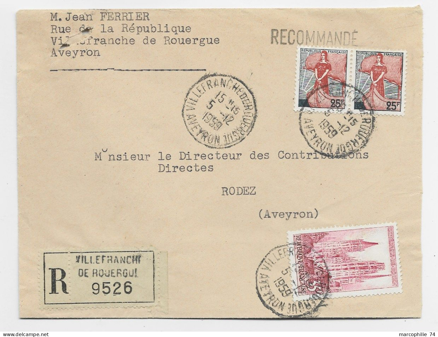MARIANNE A LE NEF 25FR PAIRE +35FR STRASBOURG LETTRE REC VILLEFRANCHE ROUERGUE 5.12.1959 - 1959-1960 Marianne (am Bug)