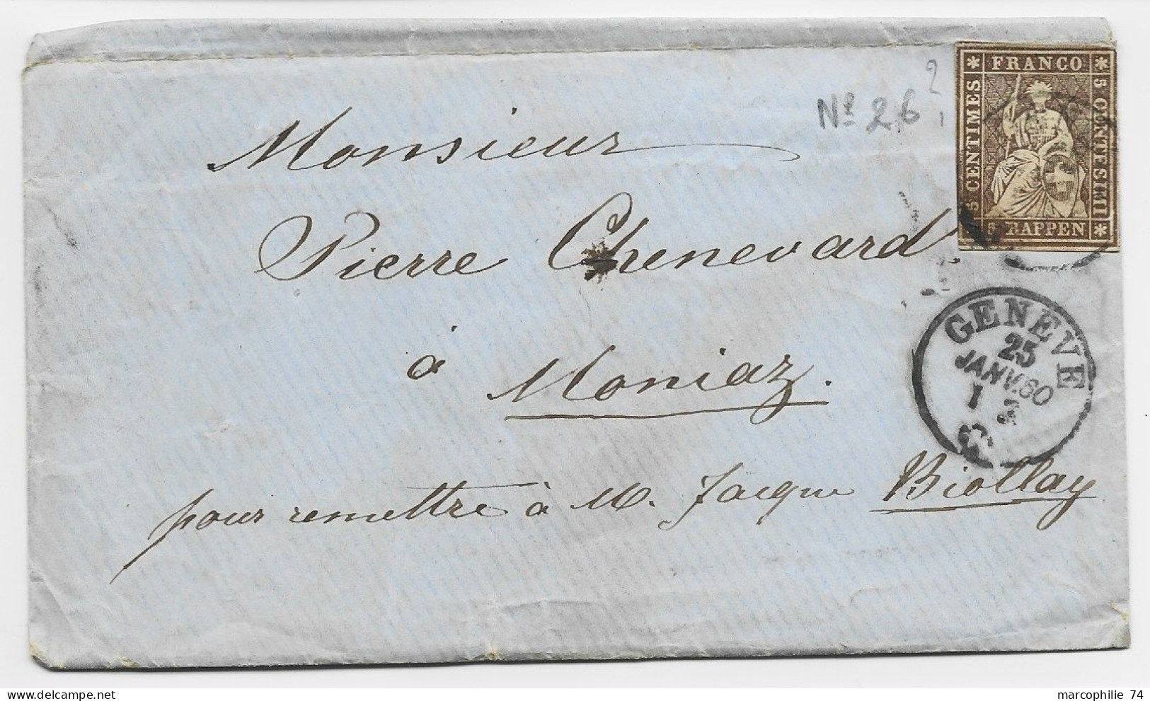 HELVETIA SUISSE 5 RAPPEN EFFLEURE SOLO LETTRE COVER GENEVE 1860 25 JAN 1860 TO MONIAZ - Covers & Documents