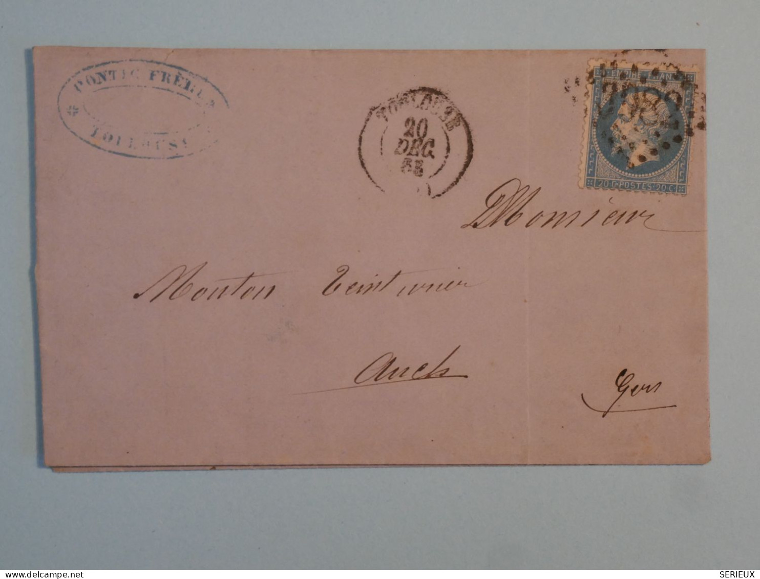 BX9 FRANCE   BELLE  LETTRE 20 DEC.  1863 TOULOUSE A AUCH +N°22 DECALé ++ +AFF. INTERESSANT +++ + - 1862 Napoléon III