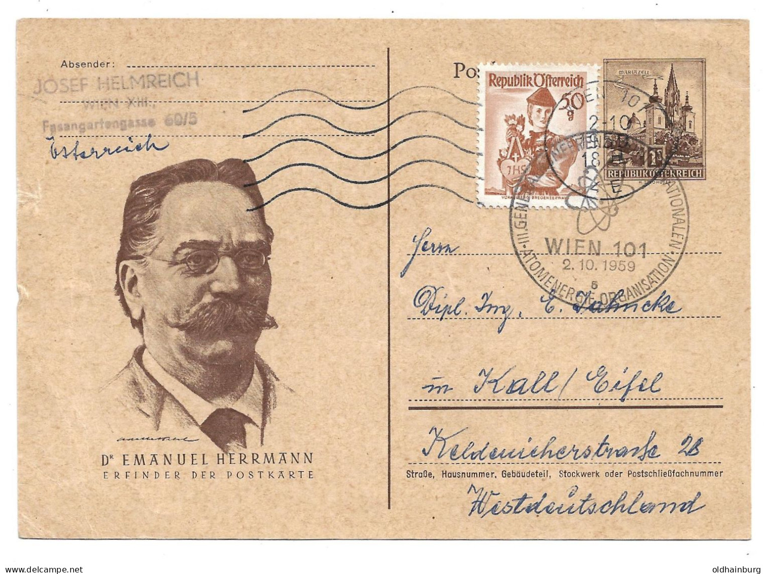 2239y: Österreich Postkarte ANK 334 (20.- €) Atomenergie- Organisation, Dr. Emanuel Herrmann Gelaufen 2.10.1959 - Atoom