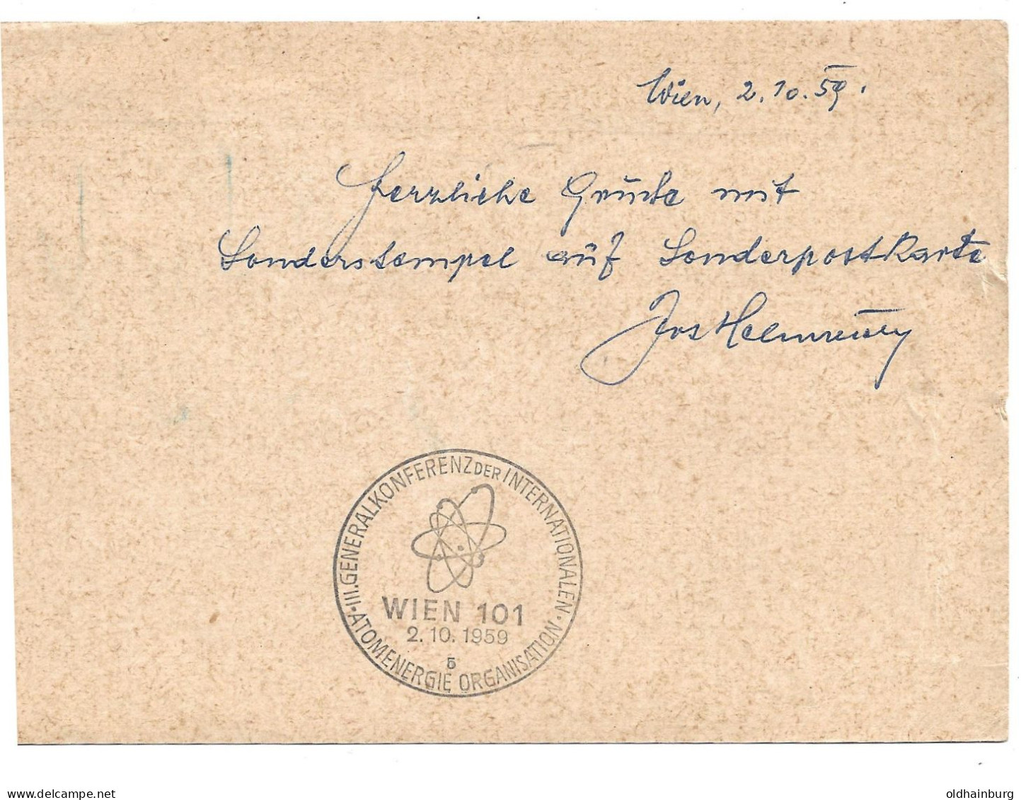 2239y: Österreich Postkarte ANK 334 (20.- €) Atomenergie- Organisation, Dr. Emanuel Herrmann Gelaufen 2.10.1959 - Atom