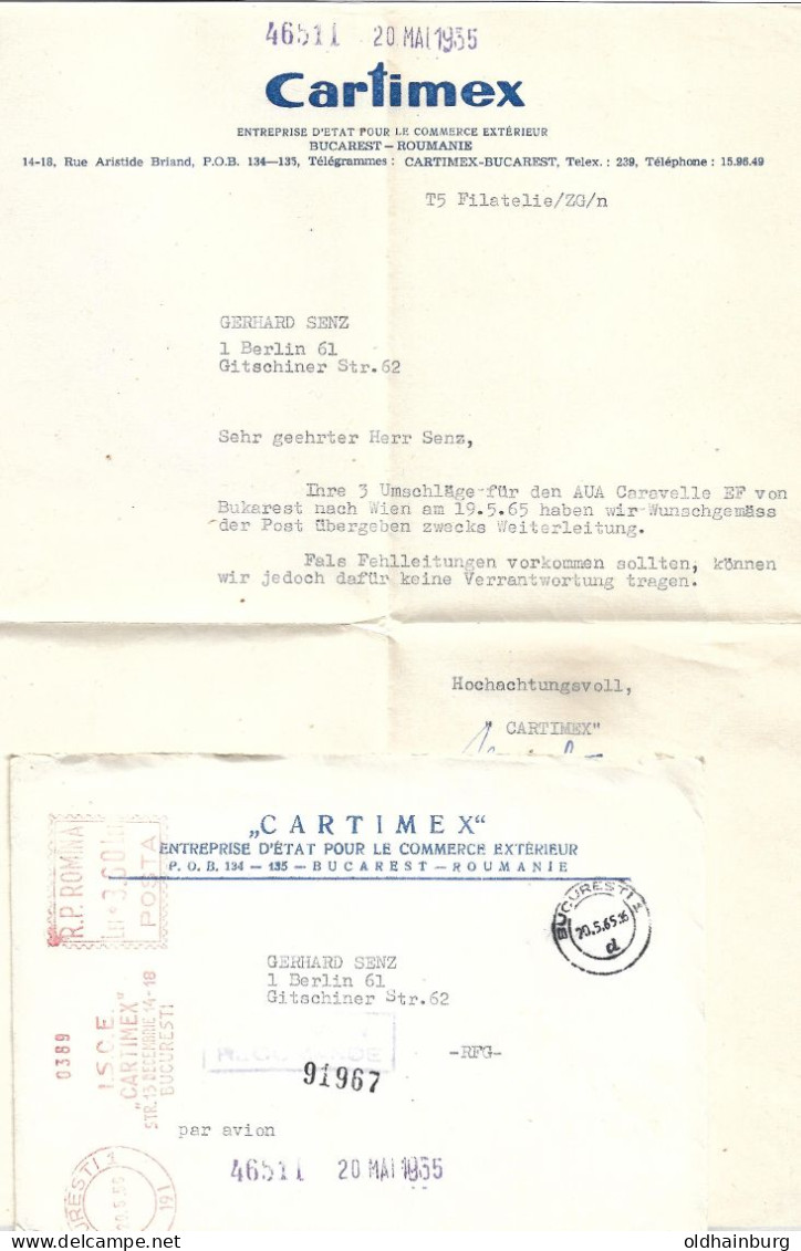 2239o: Rumänien 1965, Freistempelbeleg "Cartimex" Nach Berlin, Par Avion - Lettres & Documents