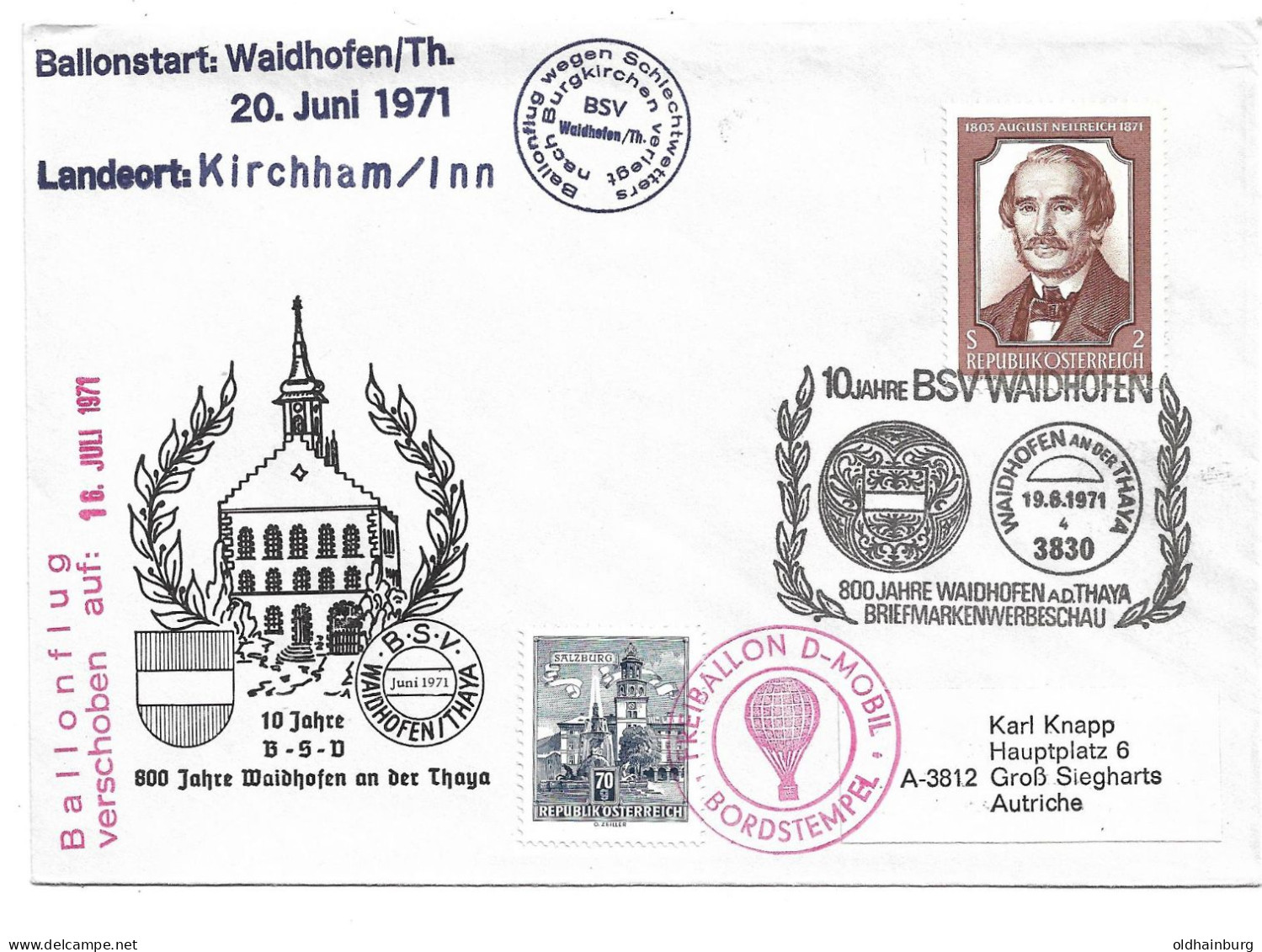 2239j: Heimatbeleg Ballonstart Waidhofen 20.6.1971, 800-jähriges Stadtjubiläum, Befördert Nach Groß Siegharts - Waidhofen An Der Thaya
