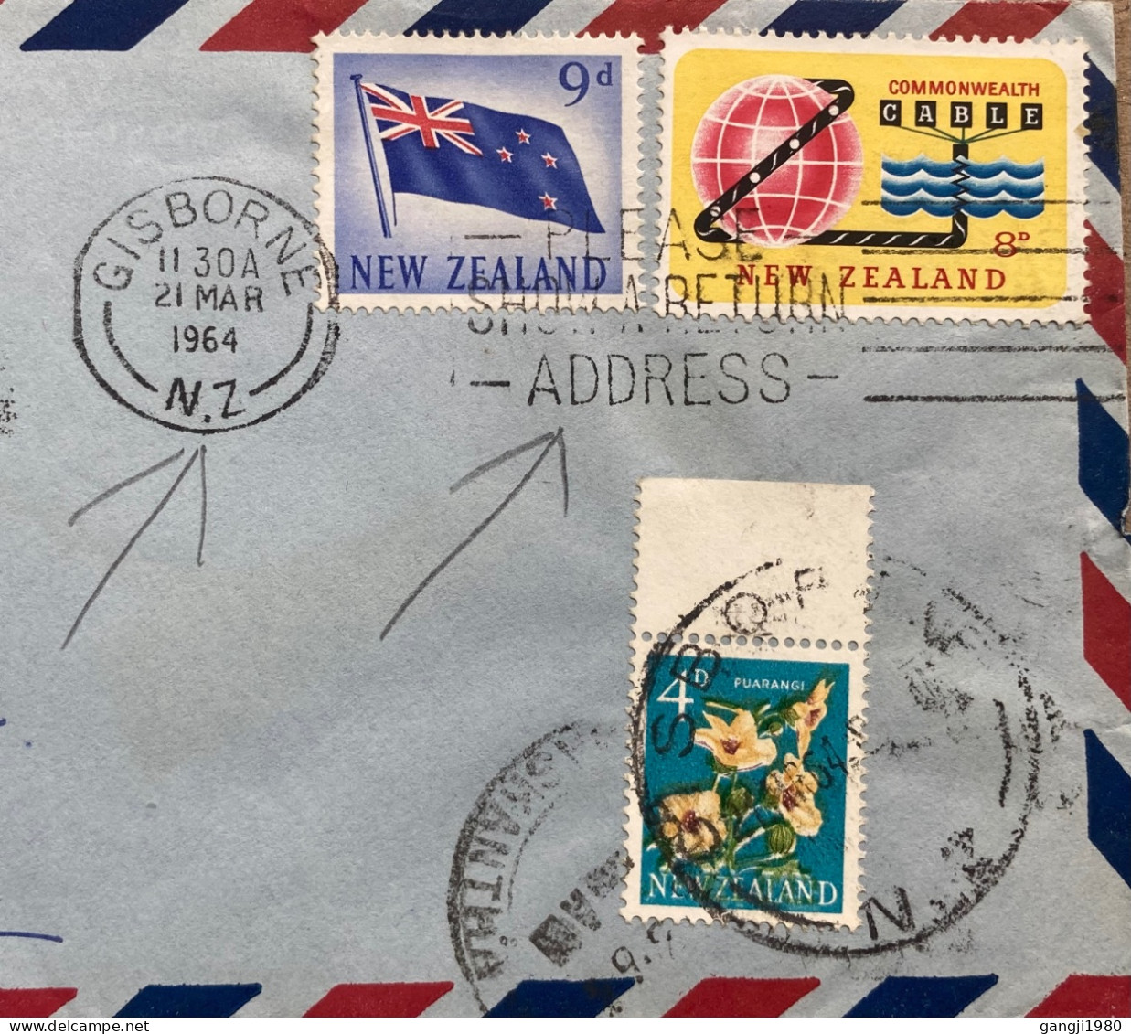 NEW-ZEALAND 1964, COVER USED TO INDIA, 3 DIFF STAMP, FLAG, CABLE, FLOWER, GISBORNE CITY SLOGAN, PLEASE SHOW RETURN ADDRE - Lettres & Documents