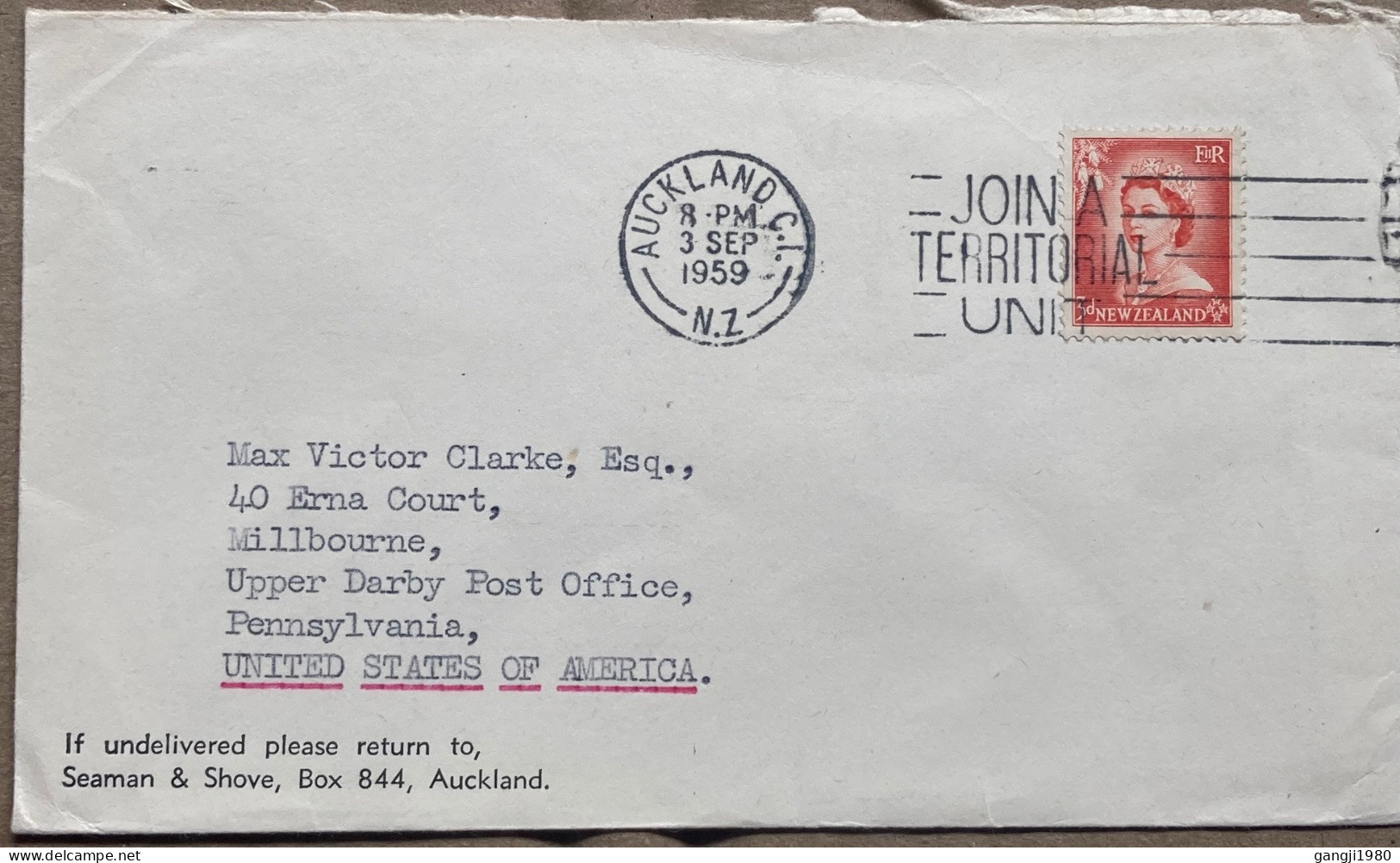 NEW ZEALAND 1959, COVER USED TO USA, FIRM SEAMAN & SHOVE, AUCKLAND CITY SLOGAN CANCEL, JOIN A TERRITORIAL UNIT, QUEEN ST - Briefe U. Dokumente