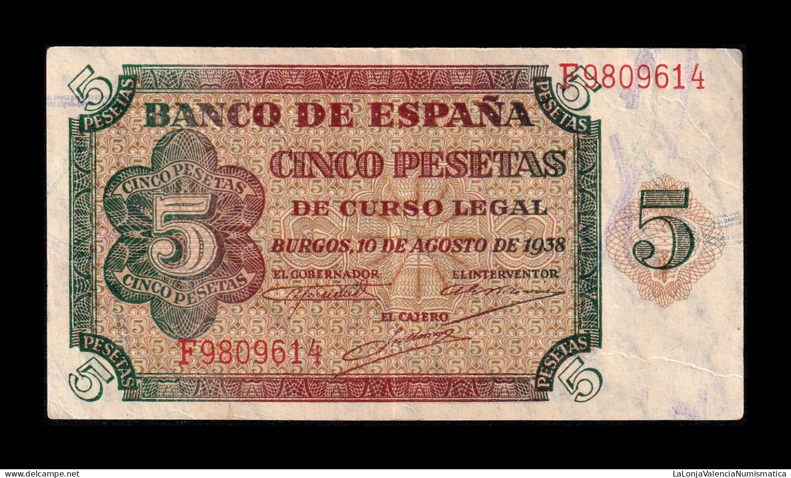 España Spain 5 Pesetas Burgos 1938 Pick 110 Serie F Mbc+/Ebc Vf+/Xf - 5 Pesetas