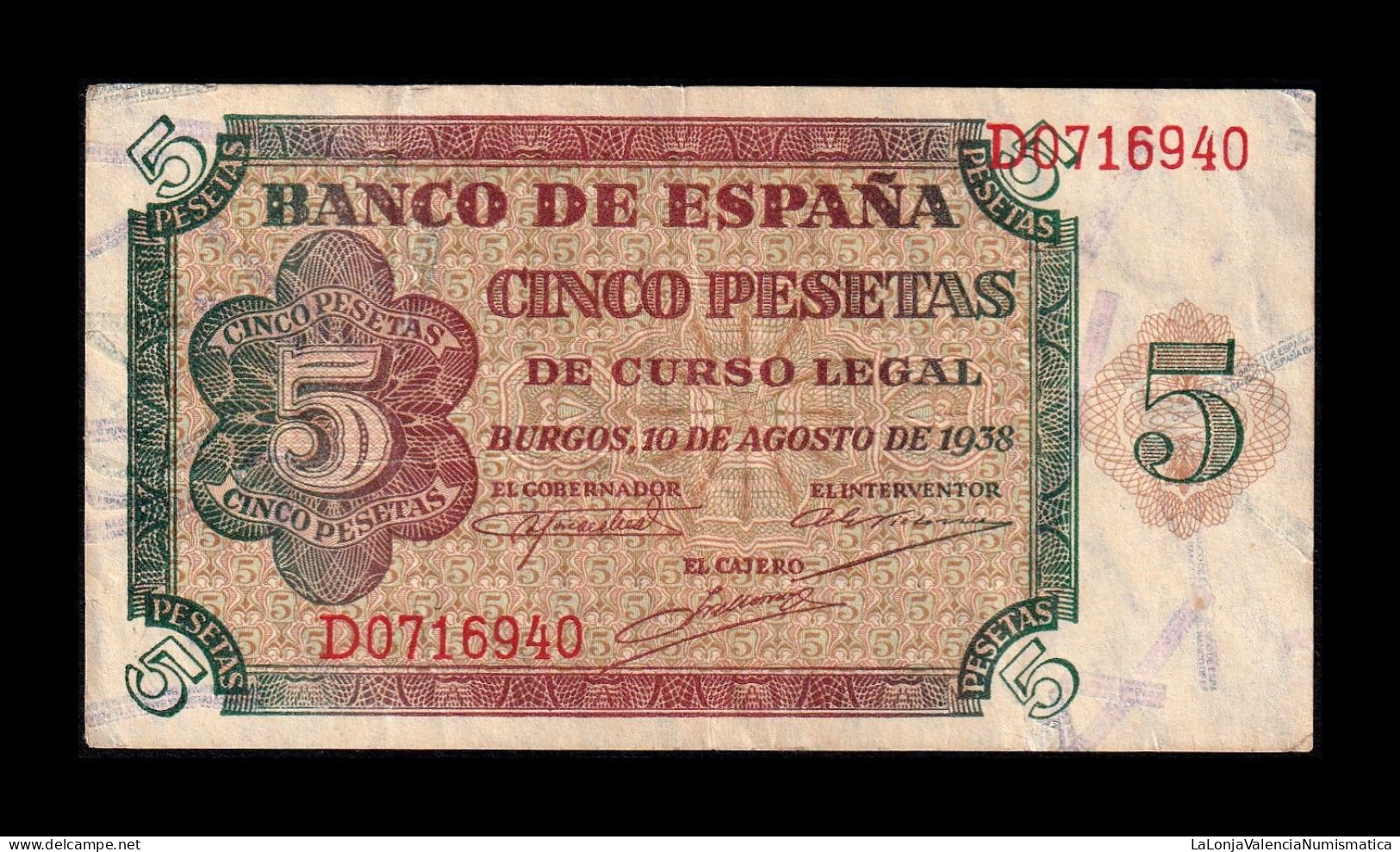 España Spain 5 Pesetas Burgos 1938 Pick 110 Serie D Mbc+/Ebc Vf+/Xf - 5 Peseten