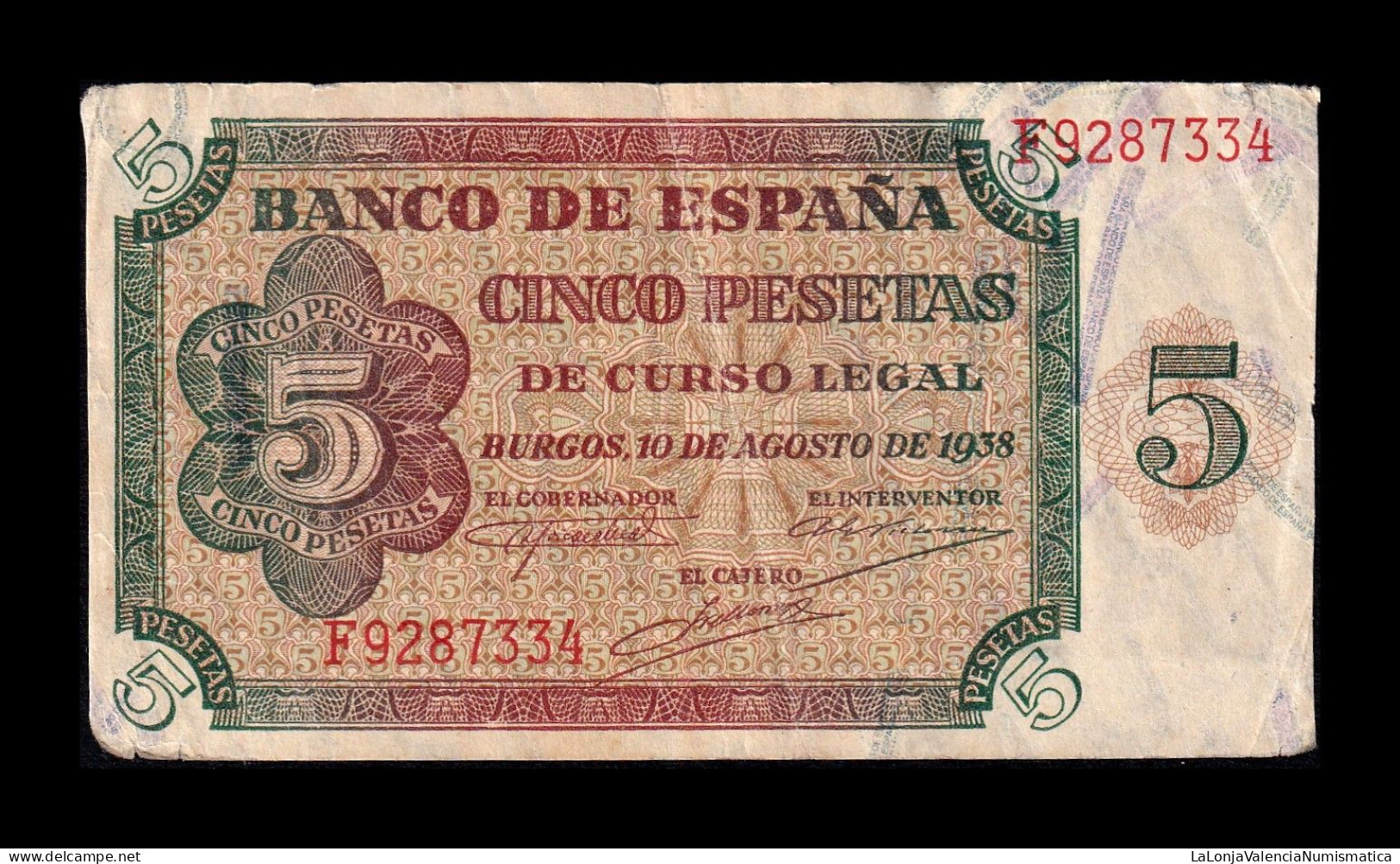 España Spain 5 Pesetas Burgos 1938 Pick 110 Serie F Mbc+/Ebc Vf+/Xf - 5 Pesetas