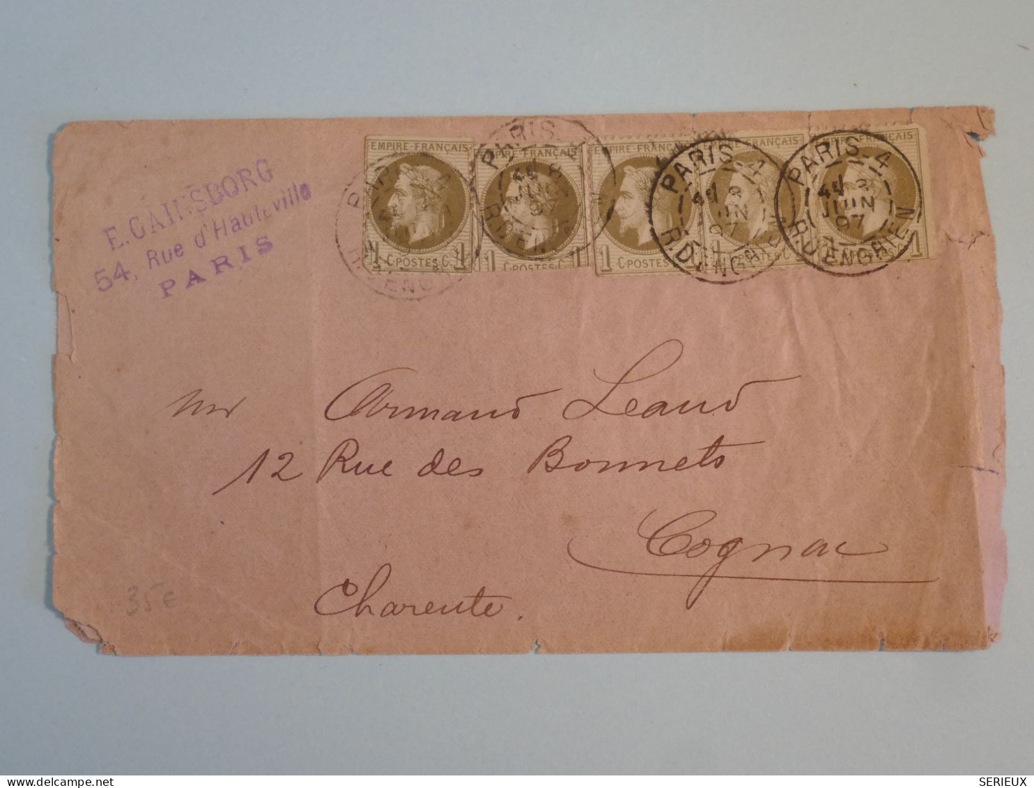 C FRANCE  BELLE LETTRE  RRR 1897 PARIS A COGNAC  + 5X NAPOLEON 1C N°25   +AFF. INTERESSANT +++ + - 1863-1870 Napoléon III Lauré