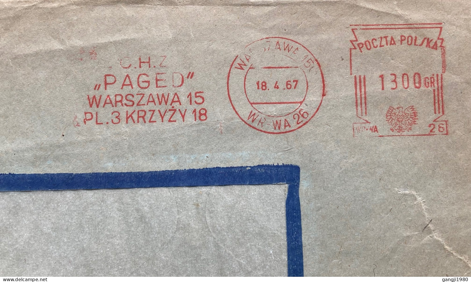 POLAND 1967, COVER USED, METER MACHINE SLOGAN CANCEL, ADVERTISEMENT, C.H⋅Z.PAGED WARSZAWA 15 PL.3 KRZYZY 18, TORNED COVE - Cartas & Documentos