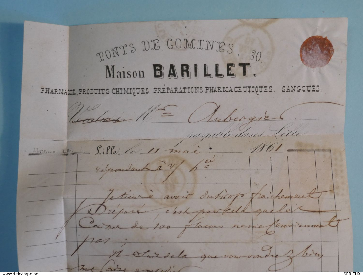 BX 9 FRANCE  BELLE LETTRE  1861 LILLE A CLERMONT FERRAND  +PHARMACIE ++  NAPOLEON N°14  +AFF. PLAISANT +++ + - 1853-1860 Napoléon III