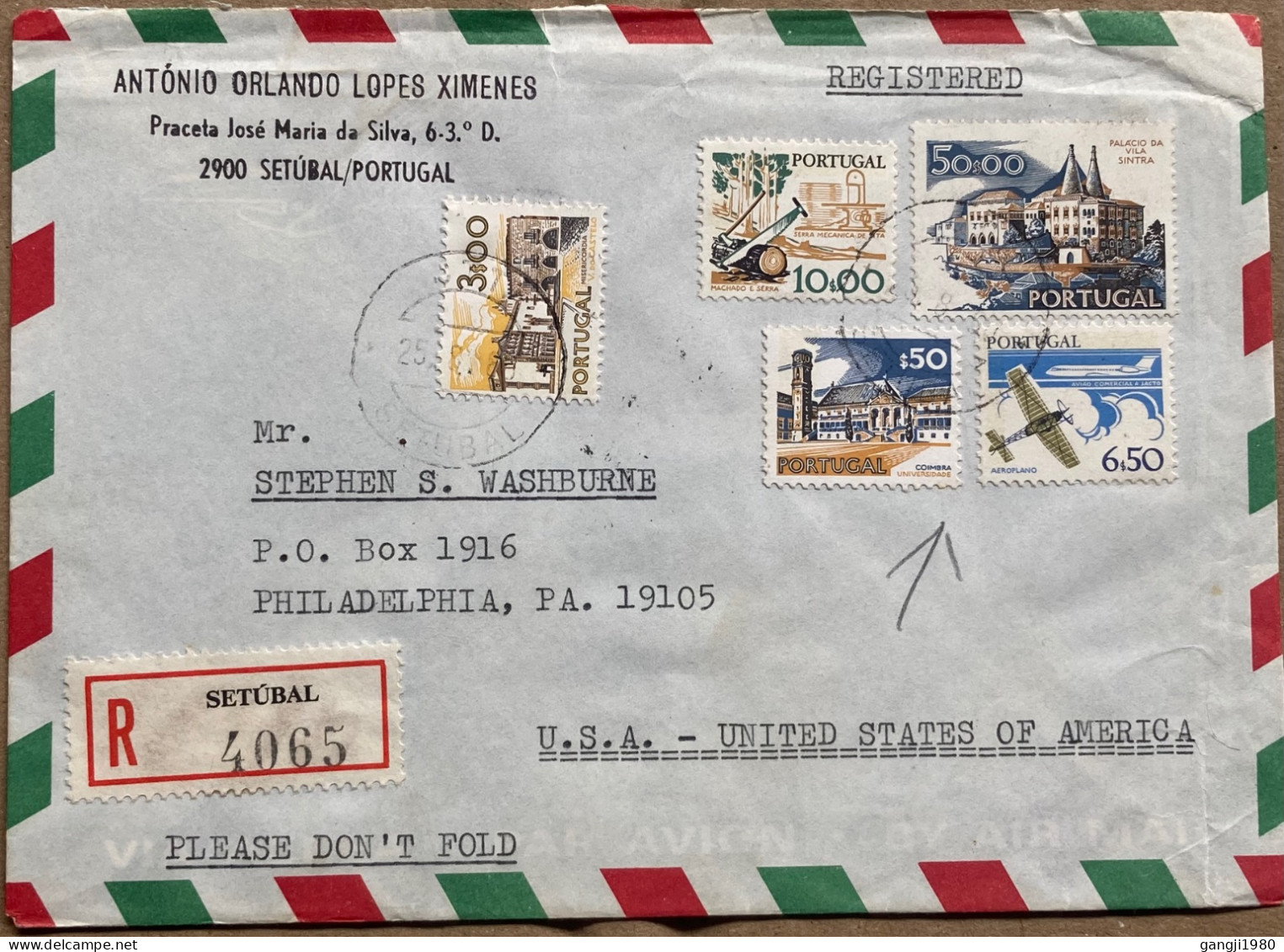 PORTUGAL 1980, REGISTER COVER, USED TO USA, SETUBAL CITY, 5 DIFF STAMP, SAN AXE, SINATRA VILLA BUILDING, HERITAGE, AEROP - Lettres & Documents