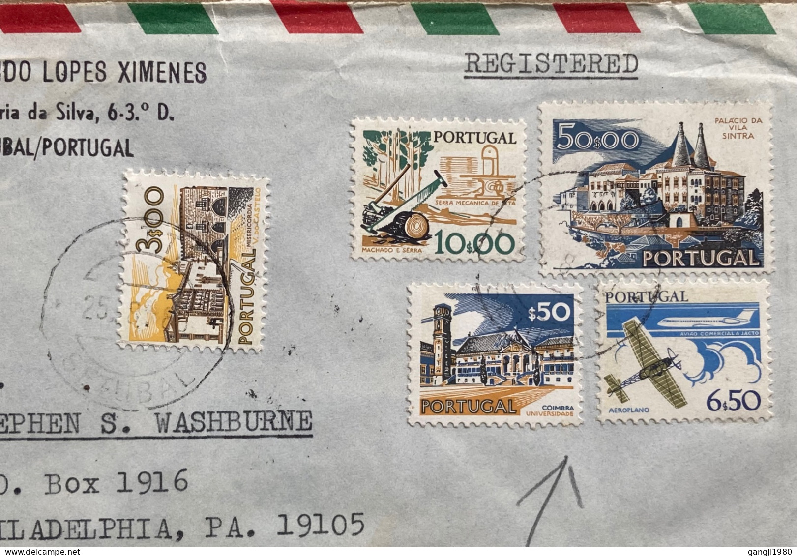 PORTUGAL 1980, REGISTER COVER, USED TO USA, SETUBAL CITY, 5 DIFF STAMP, SAN AXE, SINATRA VILLA BUILDING, HERITAGE, AEROP - Covers & Documents