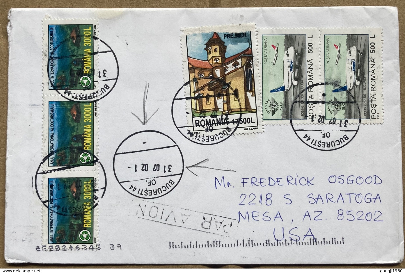 ROMANIA 2002, COVER USED TO USA, 6 STAMP, ECO-TOURISM, PREJMER BUILDING, HERITAGE, BOEING AEROPLANE, BUCHAREST CITY CANC - Brieven En Documenten