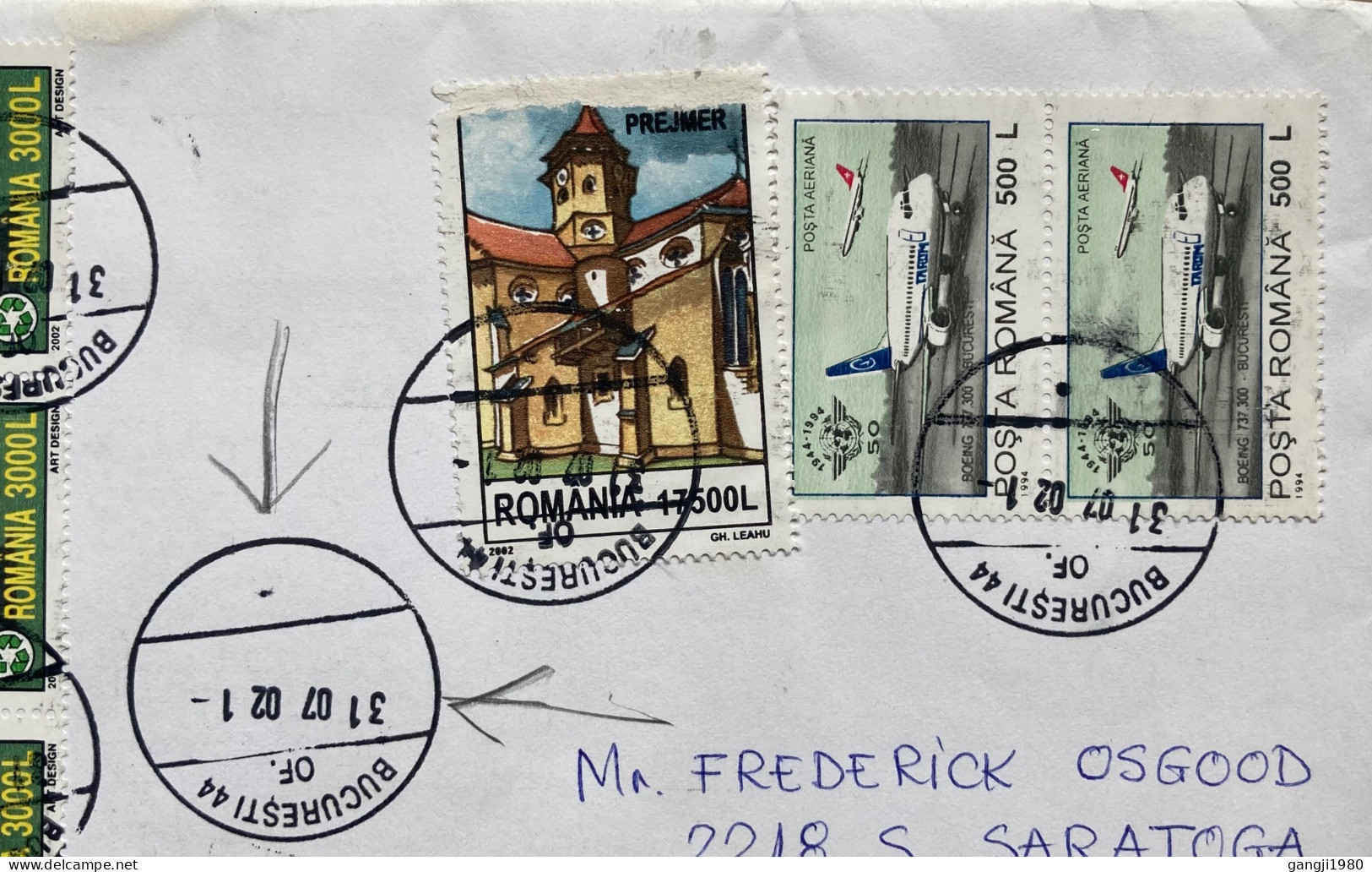 ROMANIA 2002, COVER USED TO USA, 6 STAMP, ECO-TOURISM, PREJMER BUILDING, HERITAGE, BOEING AEROPLANE, BUCHAREST CITY CANC - Lettres & Documents