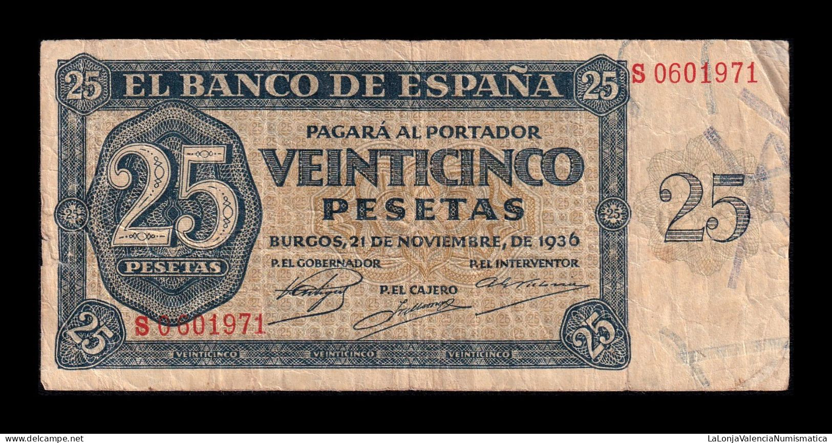 España Spain 25 Pesetas Burgos 1936 Pick 99a Serie S Bc/Mbc F/Vf - 25 Peseten