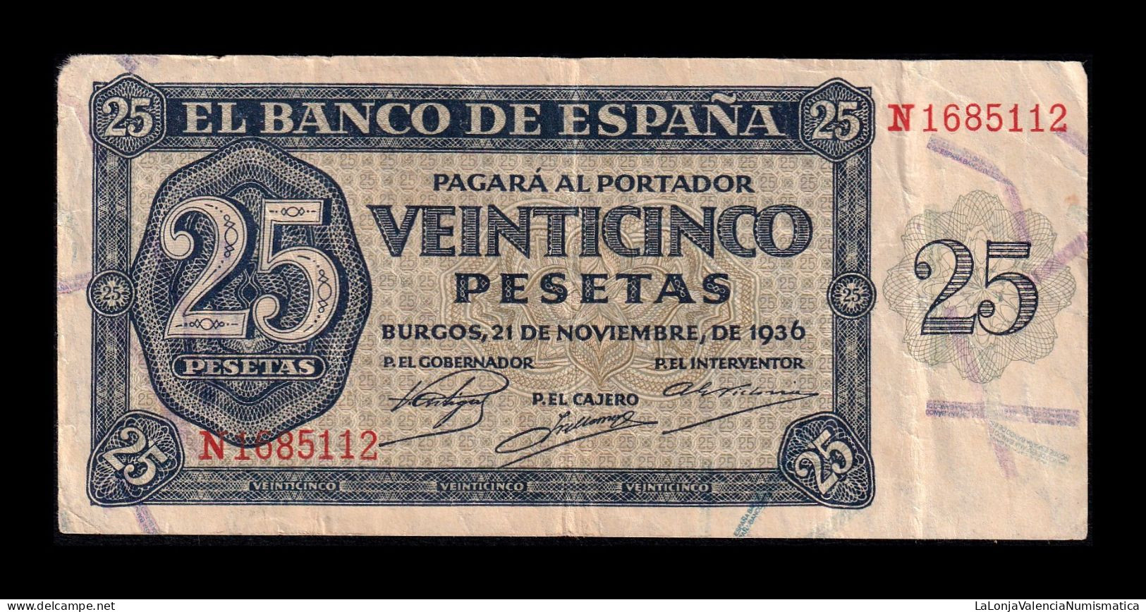 España Spain 25 Pesetas Burgos 1936 Pick 99a Serie N Bc/Mbc F/Vf - 25 Pesetas