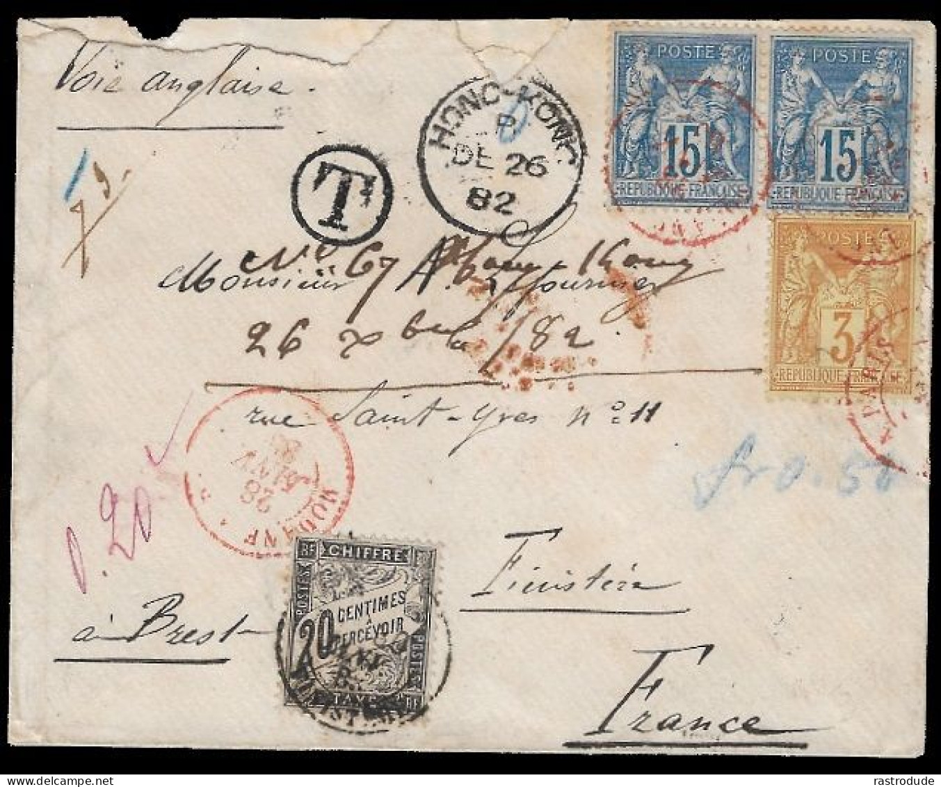 1882 RRR - COVER FROM HONG KONG W. SAGE CANCELLED BY FRENCH ENTRY POSTMARK - PROBABLY UNIQUE - Brieven En Documenten