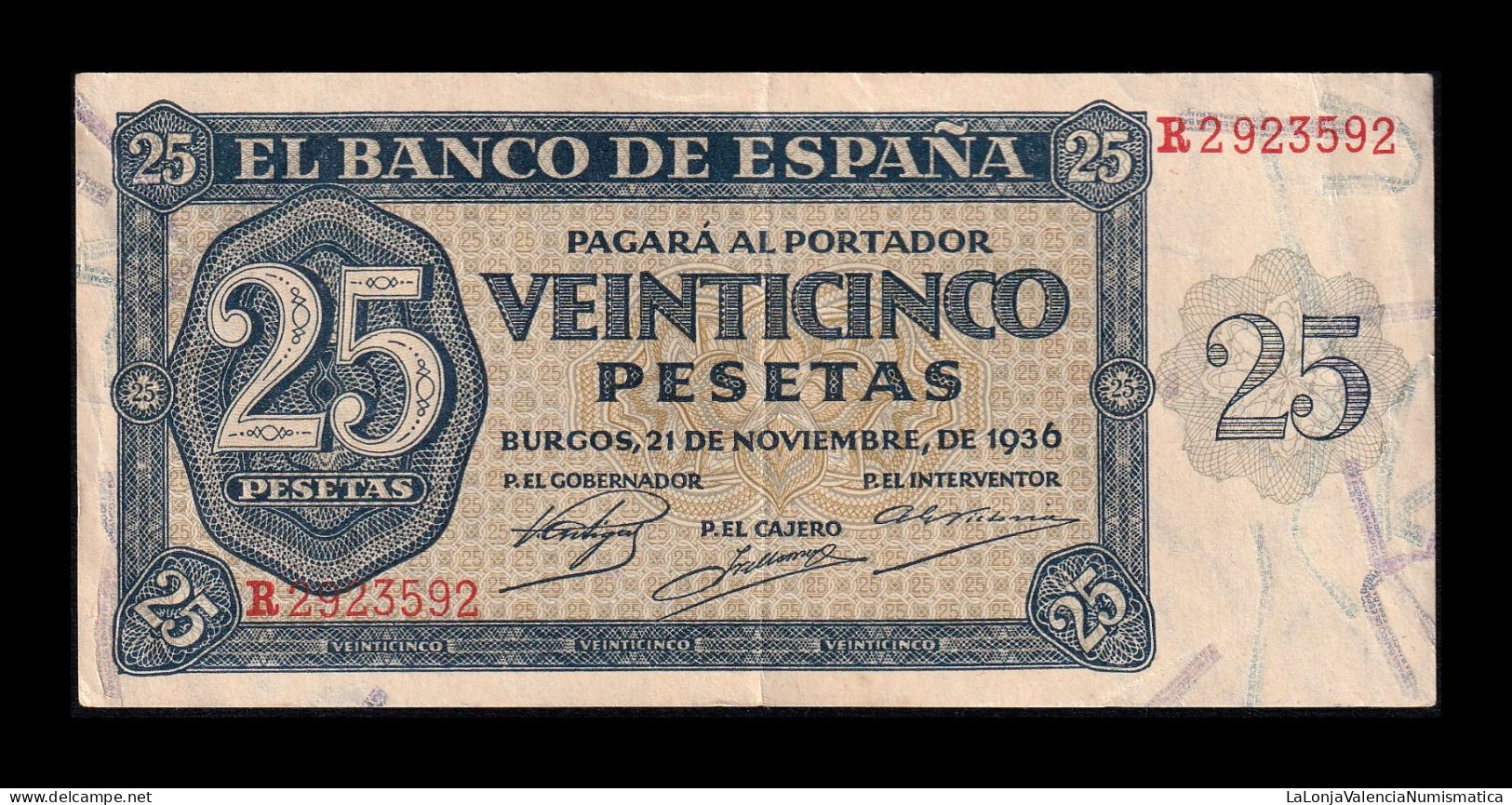 España Spain 25 Pesetas Burgos 1936 Pick 99a Serie R Ebc Xf - 25 Pesetas