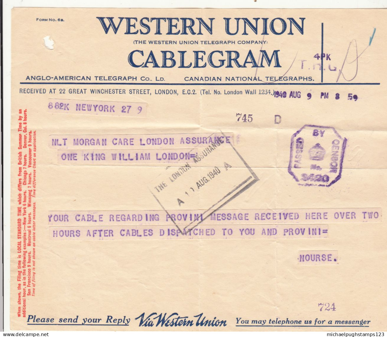 G.B. / Telegrams / Censorship / U.S. / Insurance / Western Union - Zonder Classificatie