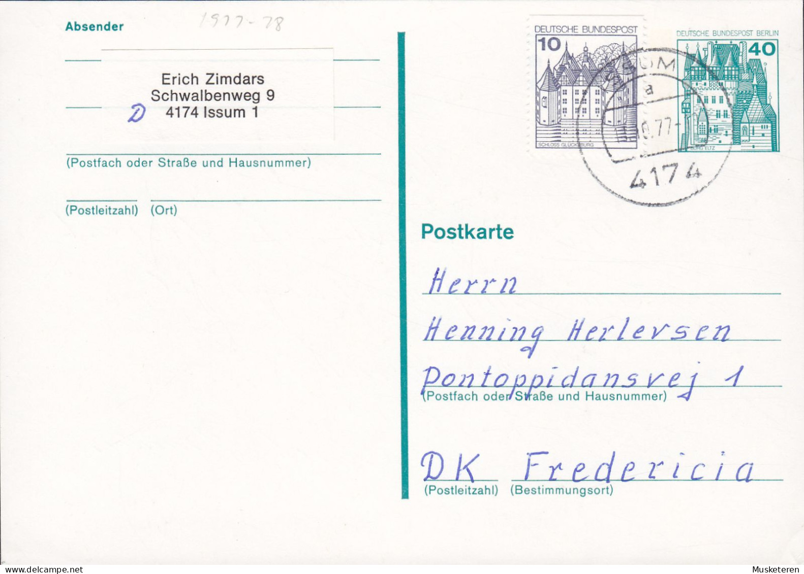 Bundespost Berlin Uprated Postal Stationery Ganzsache ISSUM 1977 FREDERICIA Denmark (2 Scans) - Postkaarten - Gebruikt