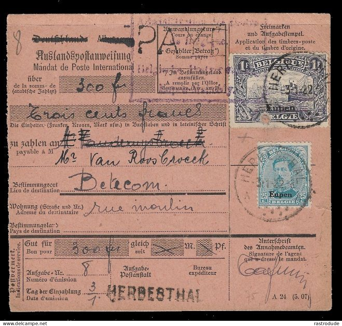 1922 RARE - BELGIEN-MILITÄRPOST EUPEN 1Fr. AUSLANDSPOSTANWEISUNG - MANDAT DE POSTE INTERNATIONAL - OC55/105 Eupen & Malmédy