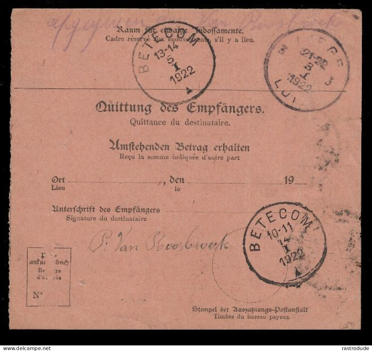 1922 RARE - BELGIEN-MILITÄRPOST EUPEN 1Fr. AUSLANDSPOSTANWEISUNG - MANDAT DE POSTE INTERNATIONAL - OC55/105 Eupen & Malmédy